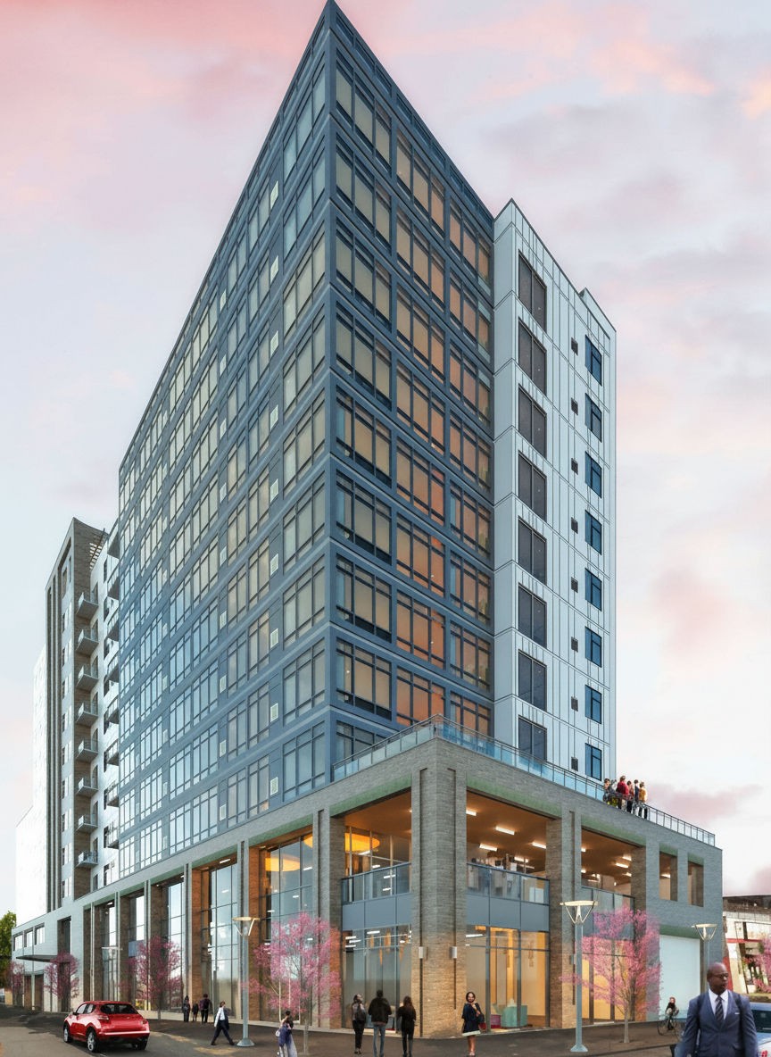 Architectural rendering of the 12-story 4700 Spruce Street tower at dusk